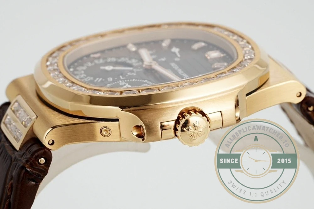 Superclone Nautilus 5712R-001 Patek Philippe Moon phases. 40 mm, Rose gold, Diamond Bezel, Black Dial - Budget Luxury Replica Watch