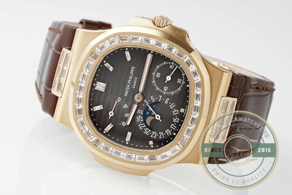 Superclone Nautilus 5712R-001 Patek Philippe Moon phases. 40 mm, Rose gold, Diamond Bezel, Black Dial - High-Grade Replica Watch