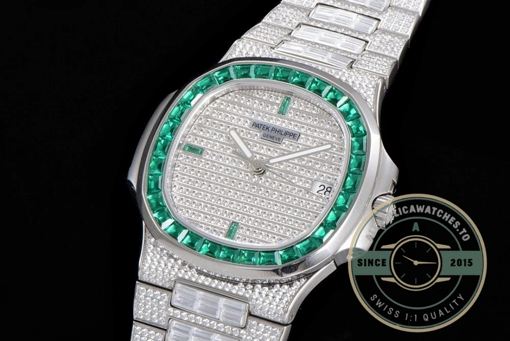 Superclone Nautilus 5719/10G Patek Philippe 40 mm, Green Baguette Diamonds - Budget Luxury Replica Watch