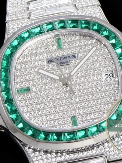 Superclone Nautilus 5719/10G Patek Philippe 40 mm, Green Baguette Diamonds - Budget Luxury Replica Watch