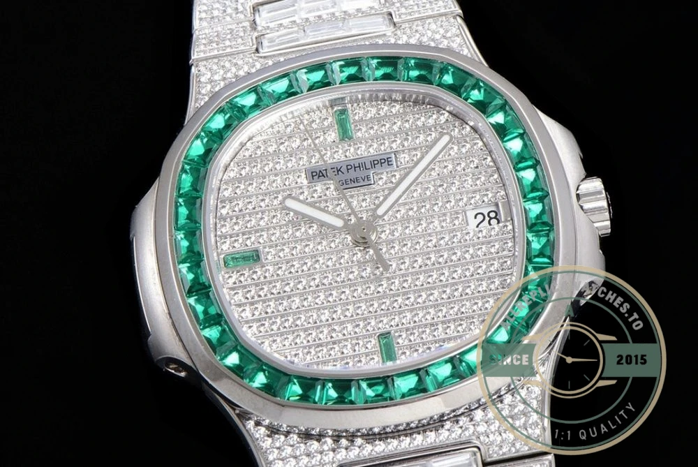 Superclone Nautilus 5719/10G Patek Philippe 40 mm, Green Baguette Diamonds - Budget Luxury Replica Watch