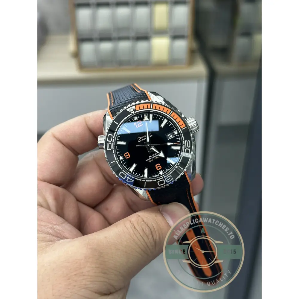 Applied luminous indices across the black dial, super clone Omega Planet Ocean 600M
