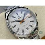 Alternating brushed and polished finishes over the 41mm steel case, Aqua Terra clone
