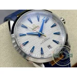 Bracelet tapering down from the 41mm case, blue-dial Omega Aqua Terra superclone