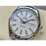 Polished hands and indices matched to the silver dial tone, clone Omega Aqua Terra 42mm