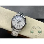 Three-link steel bracelet on the clone Omega Seamaster Aqua Terra 42mm, silver dial above