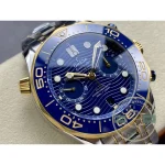 Rose gold diving scale set into the blue ceramic bezel of this superclone Diver 300M chronograph
