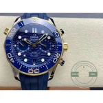 Clone 9900 chronograph movement, 48-hour reserve, helium escape valve, Omega Seamaster on rubber