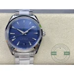 Beveled date surround at 6 o'clock on the superclone Omega Aqua Terra 41mm blue dial