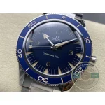 Date window at 3 o'clock on the blue dial of the clone Omega Seamaster 300, crown in frame