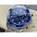 The 44mm steel case carries its helium escape valve at 10, superclone Seamaster chronograph
