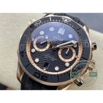 Luminous hour markers across the black dial of the 44mm Omega Seamaster chronograph replica