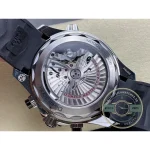 Screw-down crown confirming the dive rating, superclone Omega Seamaster chronograph on black rubber