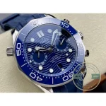 Helium escape valve and 300-metre case sealing, replica Omega Seamaster chronograph on rubber