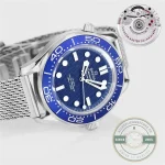 Polished and brushed steel finishing catching light on this blue Diver 300M replica