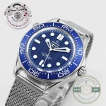 Ceramic dial holding colour against UV where lacquer shifts, blue Seamaster clone