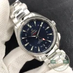 Date shown at 6 o'clock below the vertical teak pattern, replica Omega Aqua Terra GMT