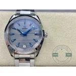 Clone Omega Aqua Terra grey dial in direct sun, where the sunburst finish reads almost silver