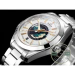 Laser-engraved world map at the centre of the silver-white dial, clone Omega Aqua Terra World Time