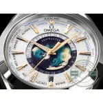Gold-toned hands crossing the teak-deck texture, super clone Omega Aqua Terra World Time 43mm