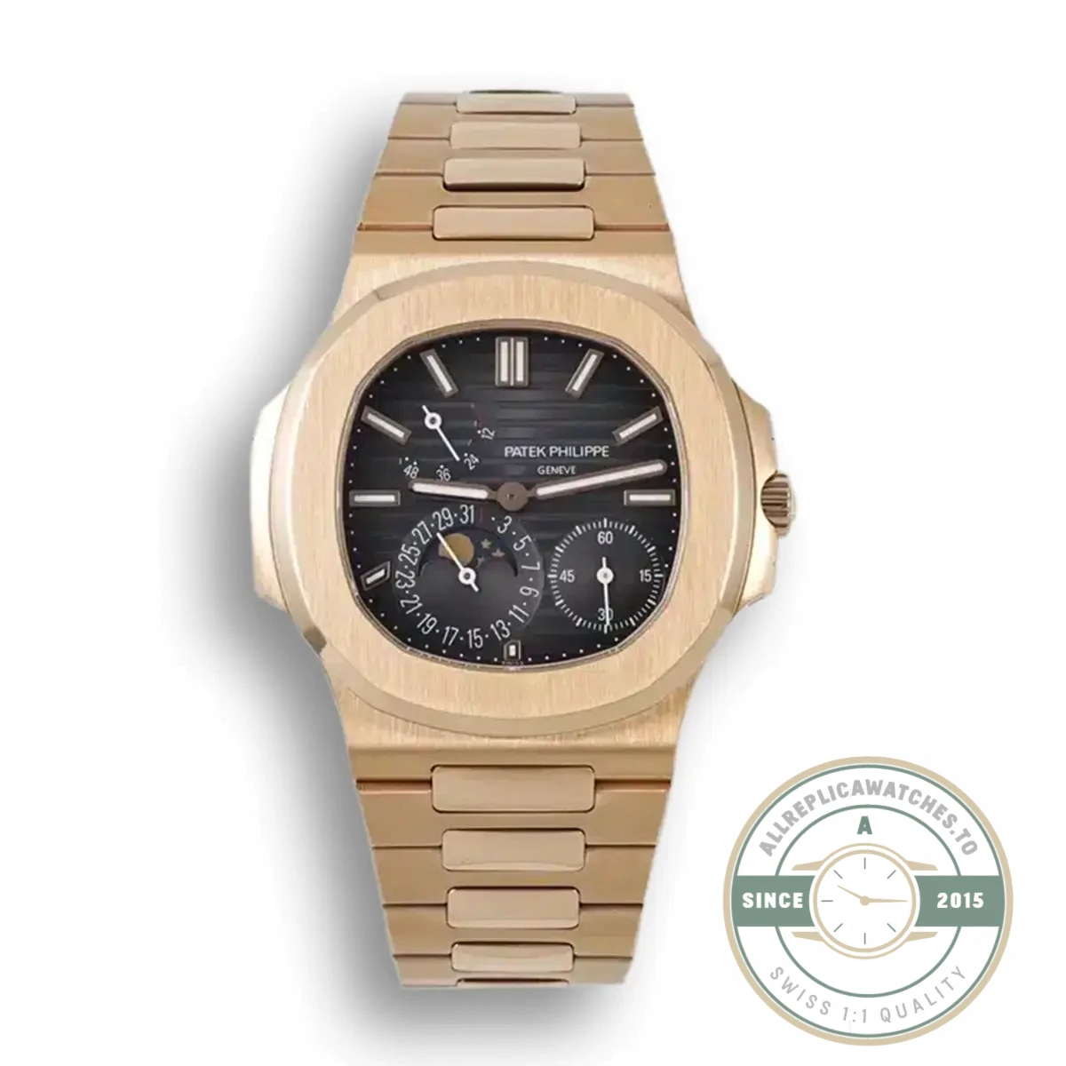 Superclone Patek Philippe Nautilus Moon phases 40 mm, Gold, Dark Dial, 5712/1A - Budget Luxury Replica Watch