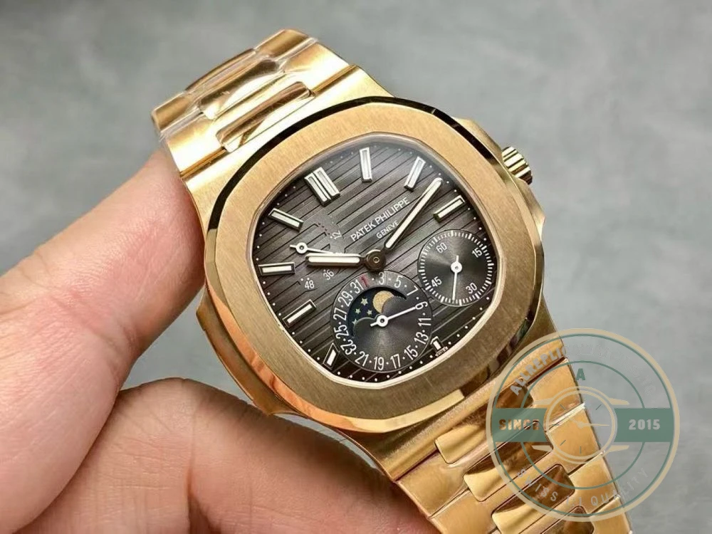 Superclone Patek Philippe Nautilus Moon phases 40 mm, Gold, Dark Dial, 5712/1A - Affordable Luxury Replica Timepiece