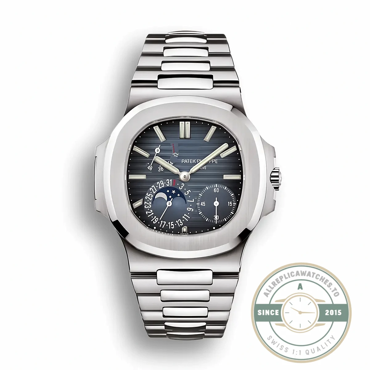 Superclone Patek Philippe Nautilus Moon phases 40 mm, Stainless steel, 5712/1A-001, Dark Blue Dial - Swiss-Made Clone Watch