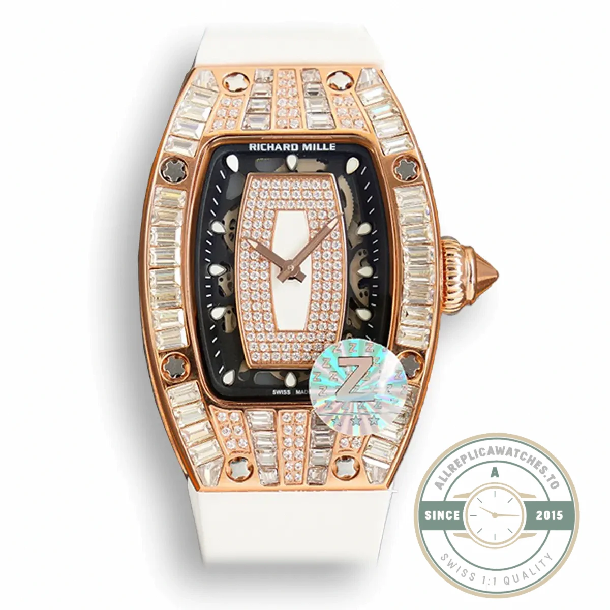 Superclone Richard Mille 007-1 Diamond Crown Rose Gold White Strap - Factory Super Clone Watch
