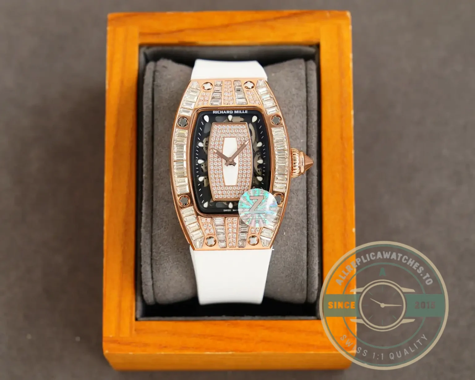 Superclone Richard Mille 007-1 Diamond Crown Rose Gold White Strap - Top-Tier Swiss Replica Watch