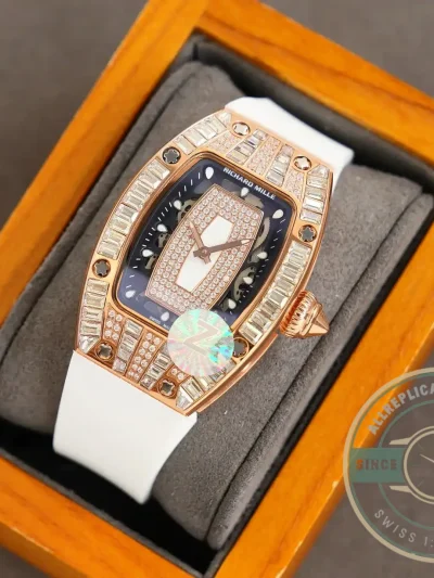 Superclone Richard Mille 007-1 Diamond Crown Rose Gold White Strap - High-Grade Replica Watch