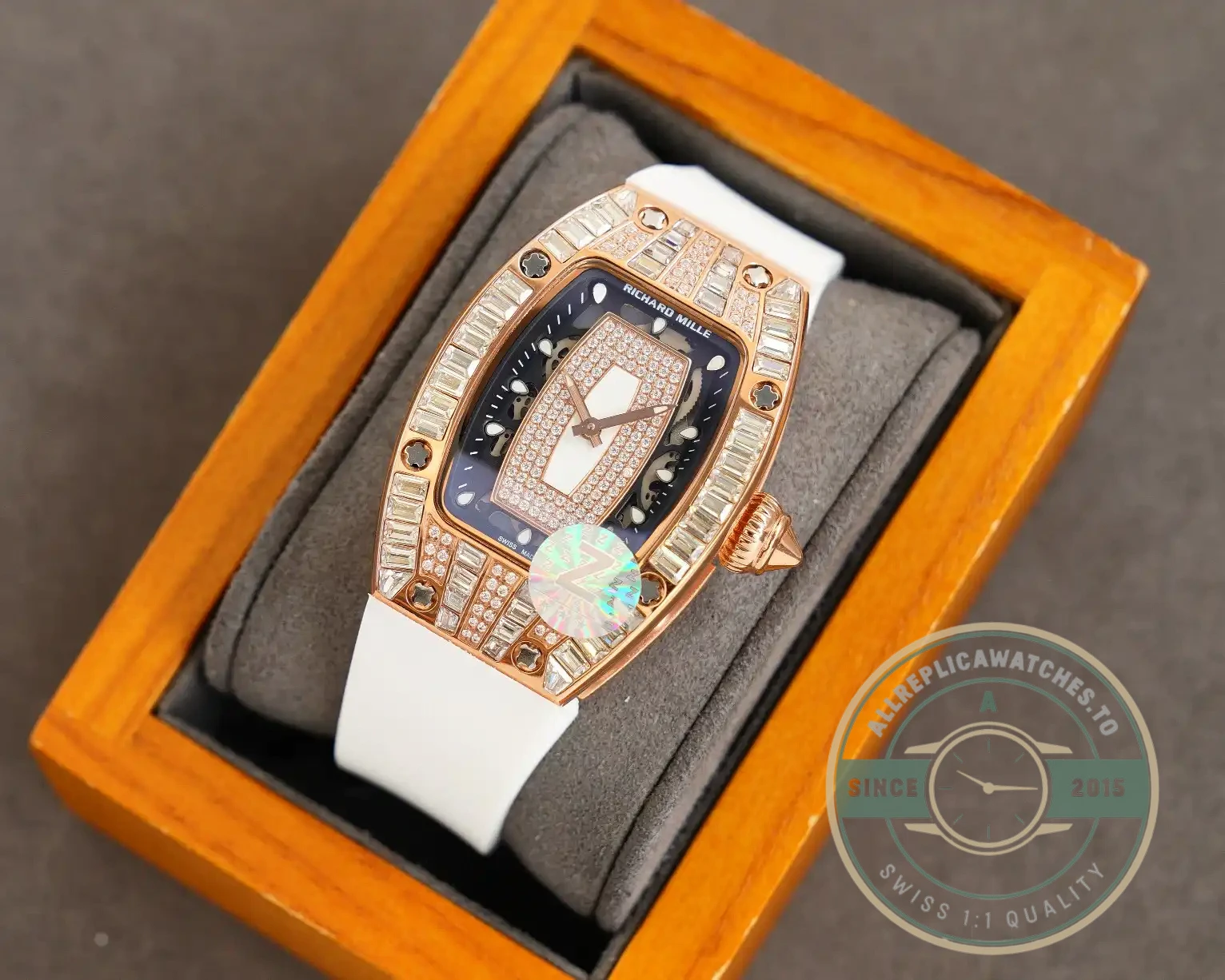 Superclone Richard Mille 007-1 Diamond Crown Rose Gold White Strap - High-Grade Replica Watch