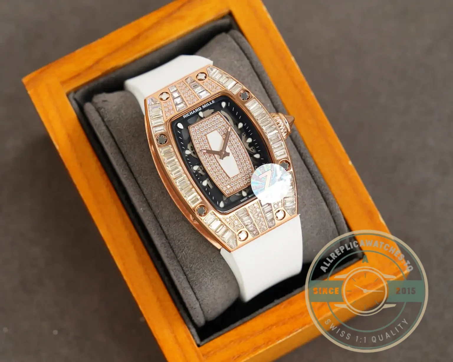 Superclone Richard Mille 007-1 Diamond Crown Rose Gold White Strap - Best Quality Replica Watch