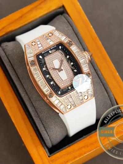 Superclone Richard Mille 007-1 Diamond Crown Rose Gold White Strap - Best Quality Replica Watch