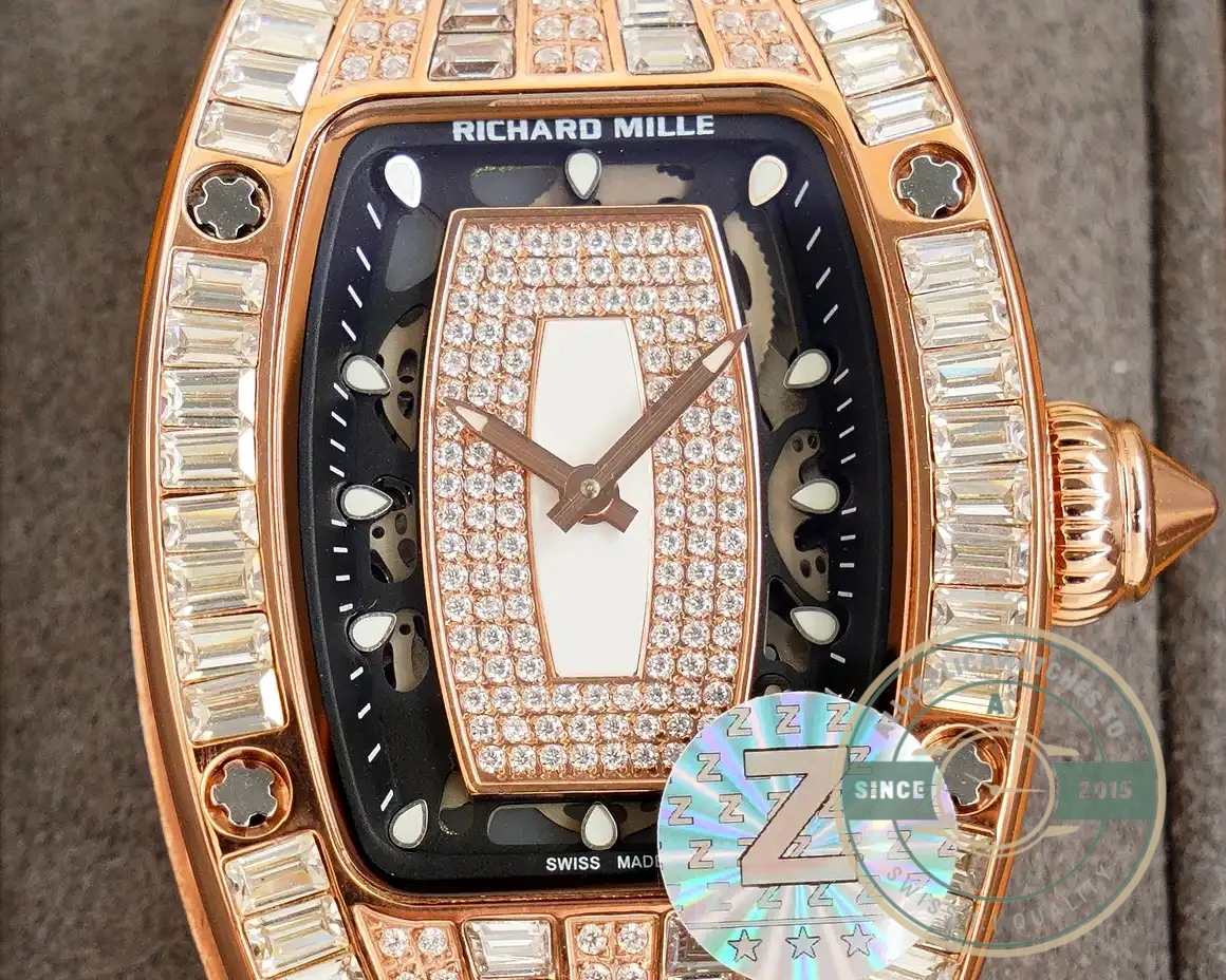 Superclone Richard Mille 007-1 Diamond Crown Rose Gold White Strap - Budget Luxury Replica Watch