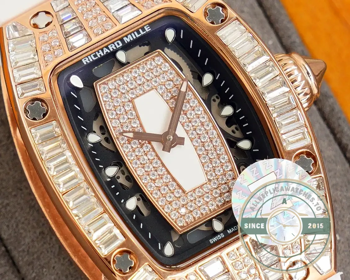Superclone Richard Mille 007-1 Diamond Crown Rose Gold White Strap - Swiss-Made Clone Watch