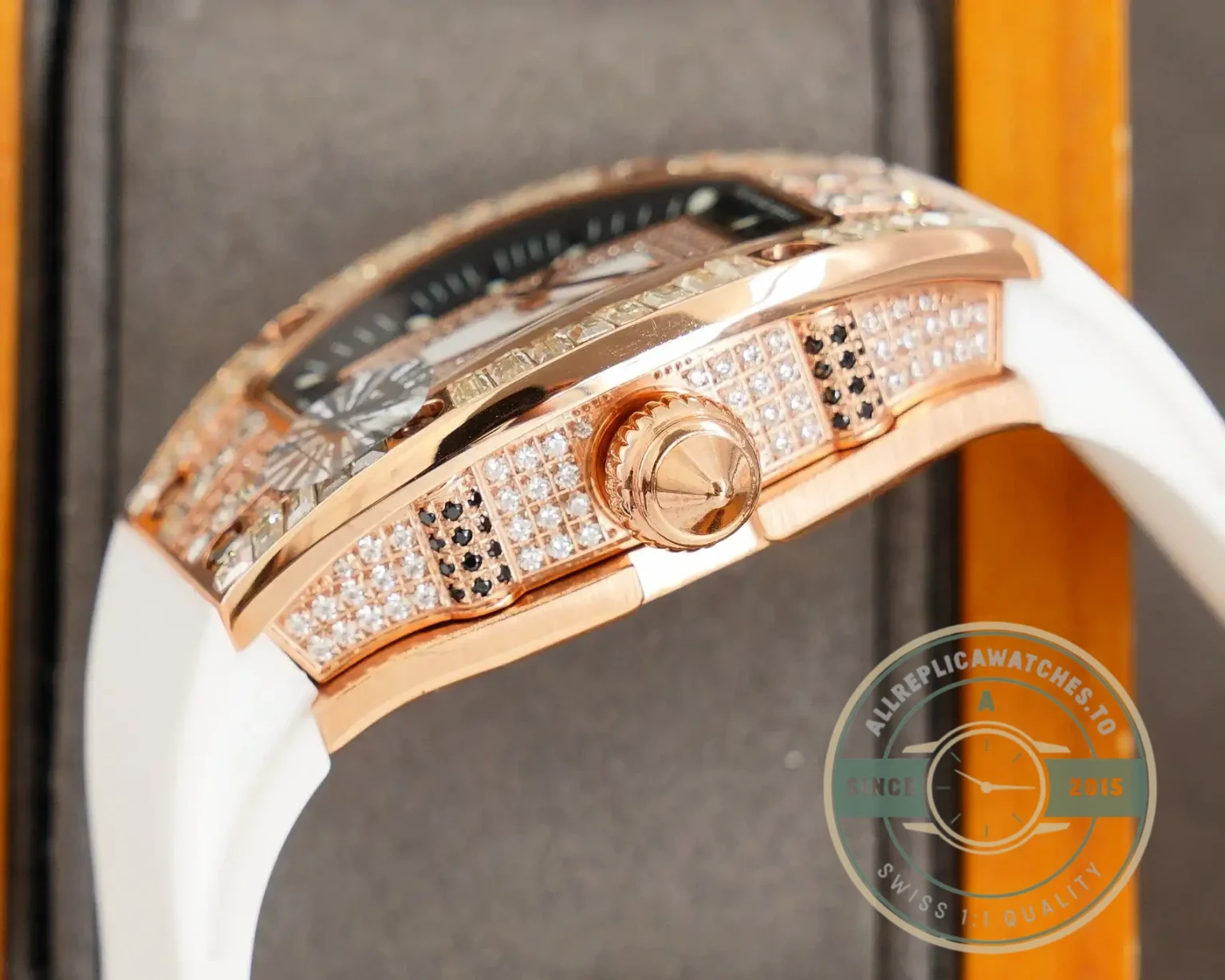 Superclone Richard Mille 007-1 Diamond Crown Rose Gold White Strap - Luxury Replica Watch