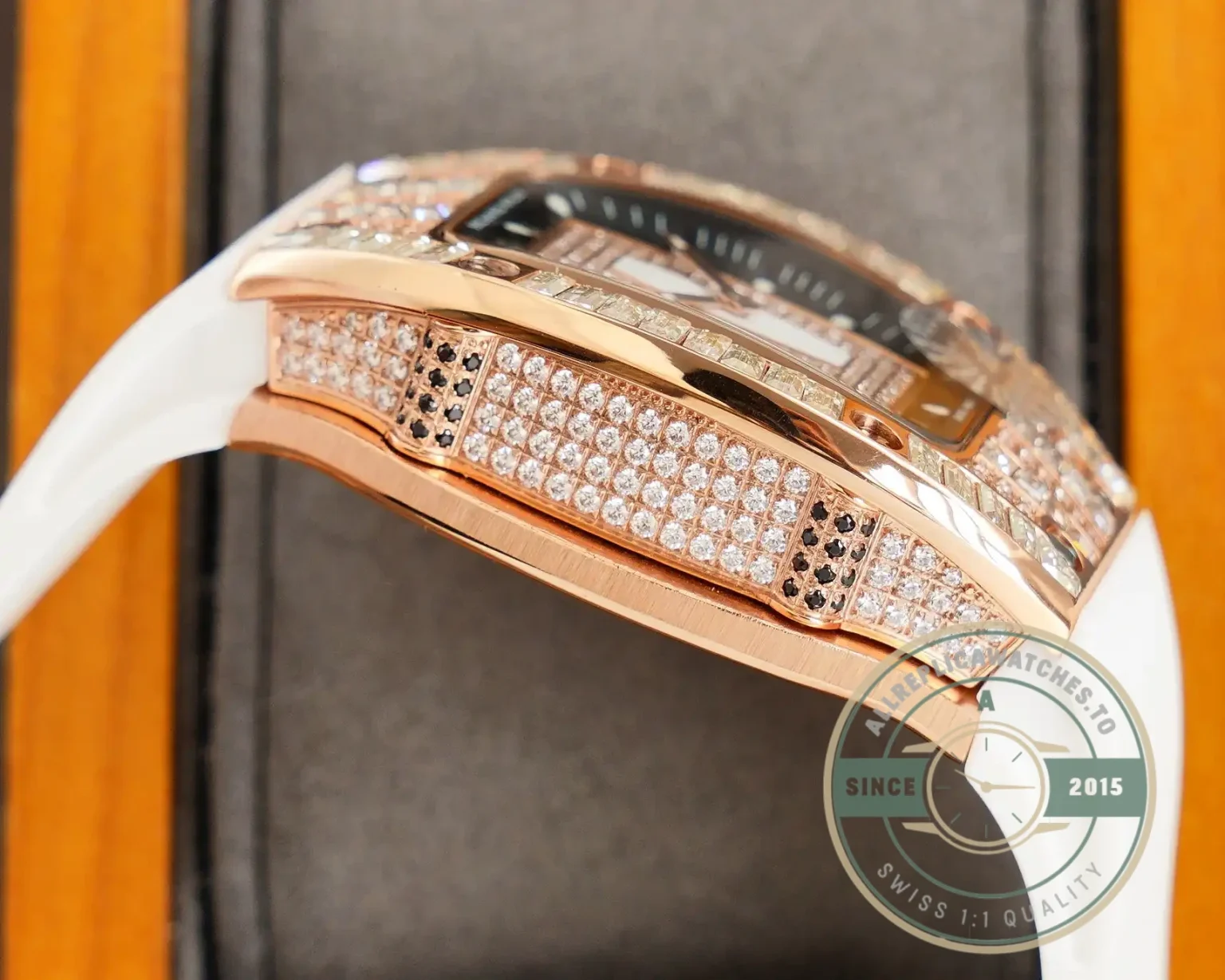 Superclone Richard Mille 007-1 Diamond Crown Rose Gold White Strap - Luxury Replica Watch