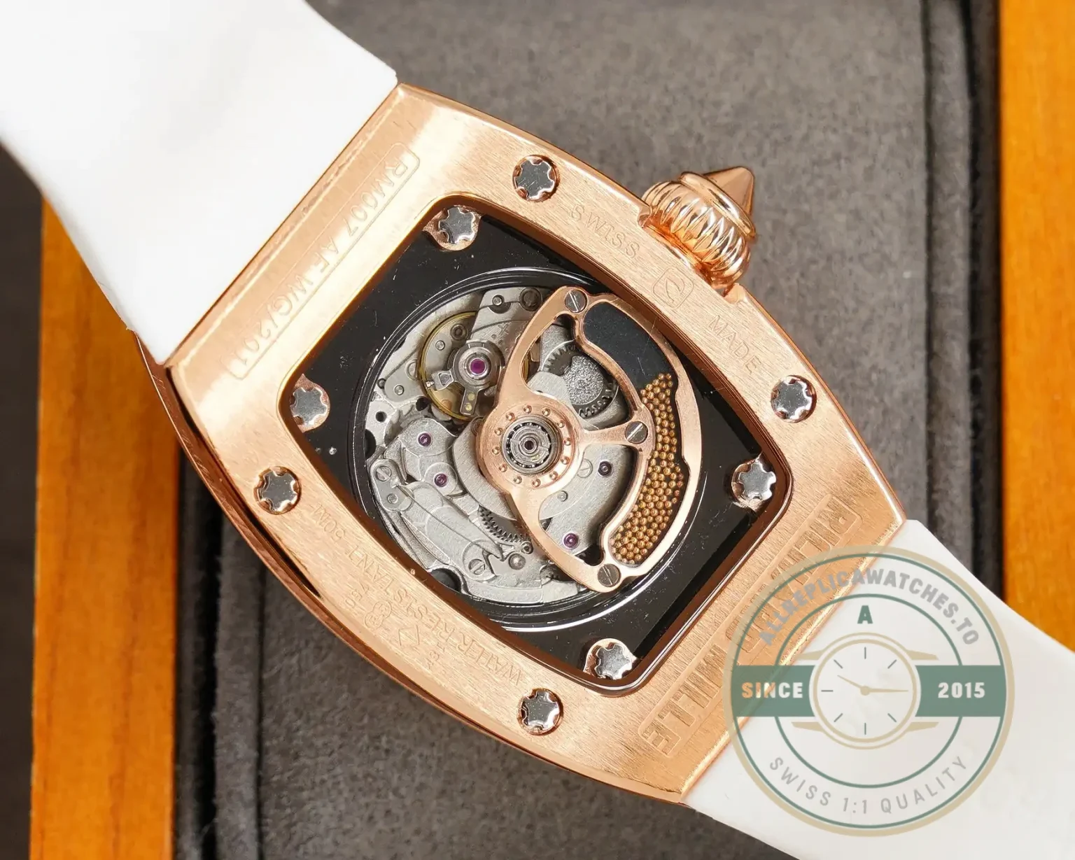 Superclone Richard Mille 007-1 Diamond Crown Rose Gold White Strap - Budget Luxury Replica Watch