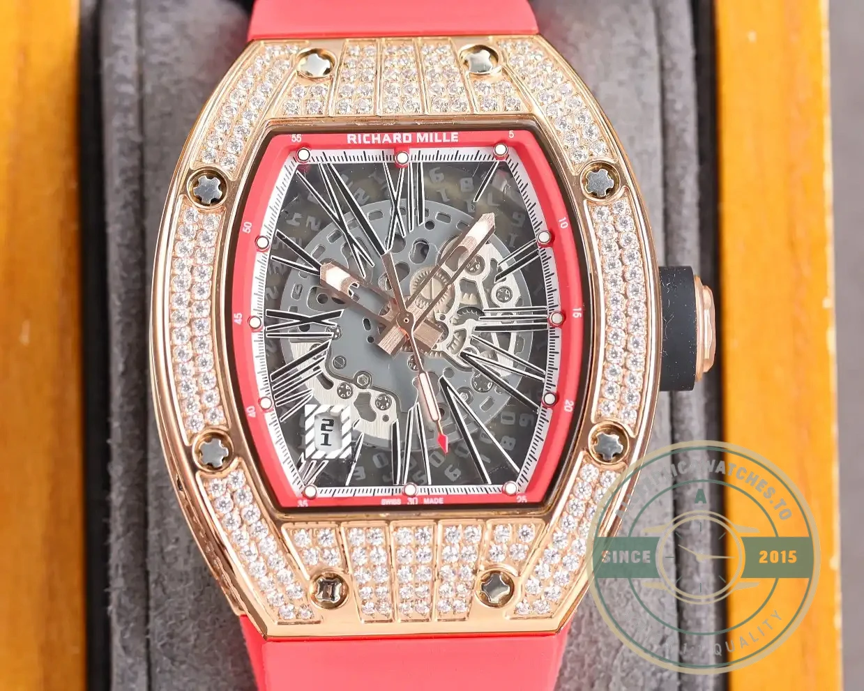 Superclone Richard Mille 010 Rose Gold Diamonds Pink Strap - Budget Luxury Replica Watch