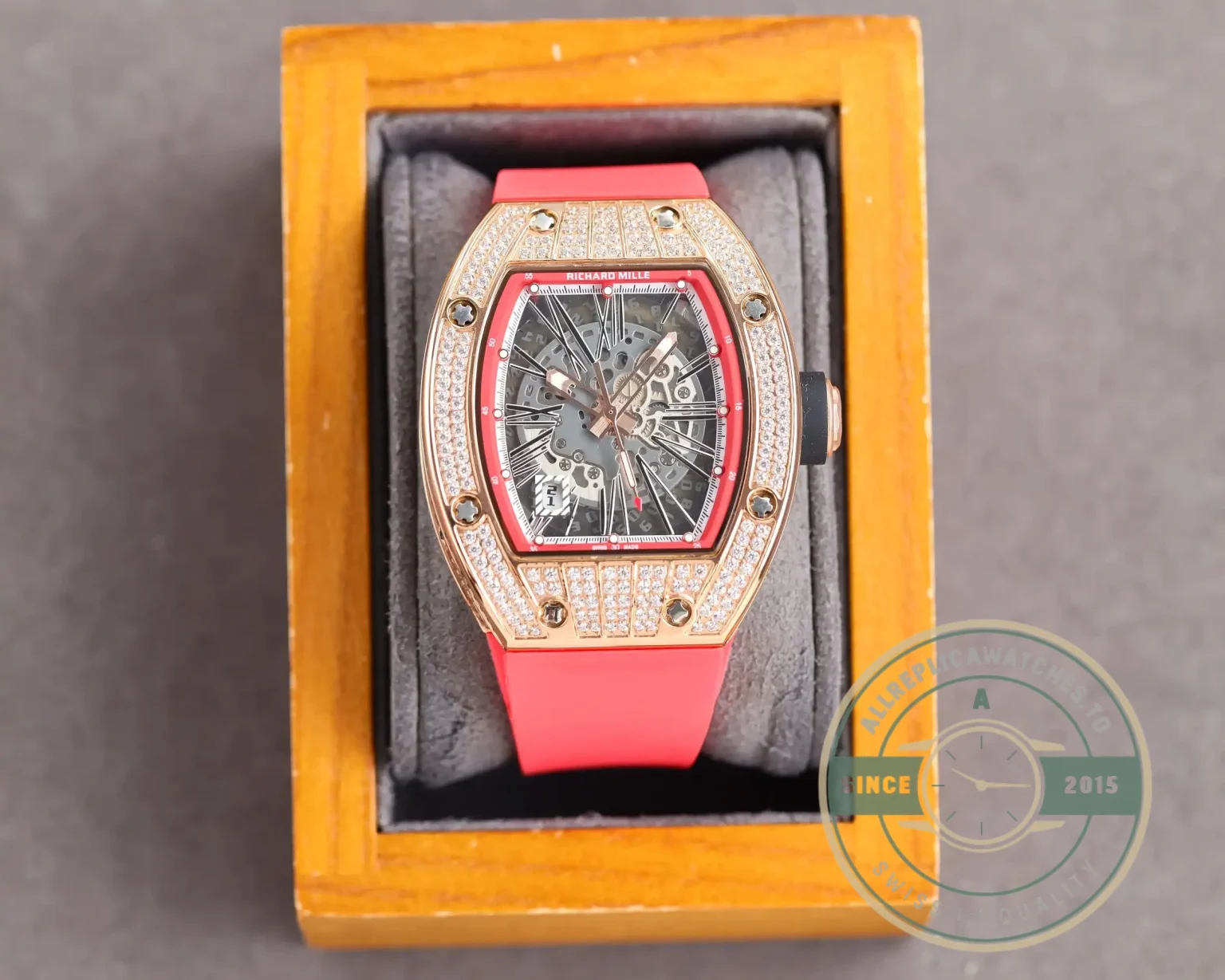 Superclone Richard Mille 010 Rose Gold Diamonds Pink Strap - 1:1 Swiss Replica Watch