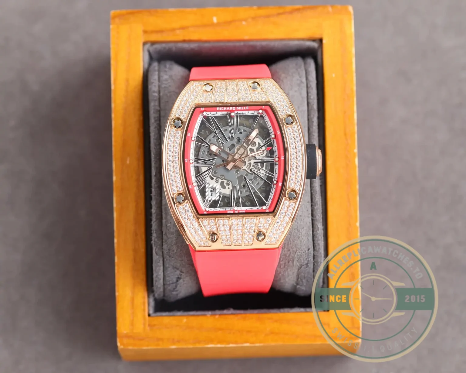Superclone Richard Mille 010 Rose Gold Diamonds Pink Strap - Budget Luxury Replica Watch