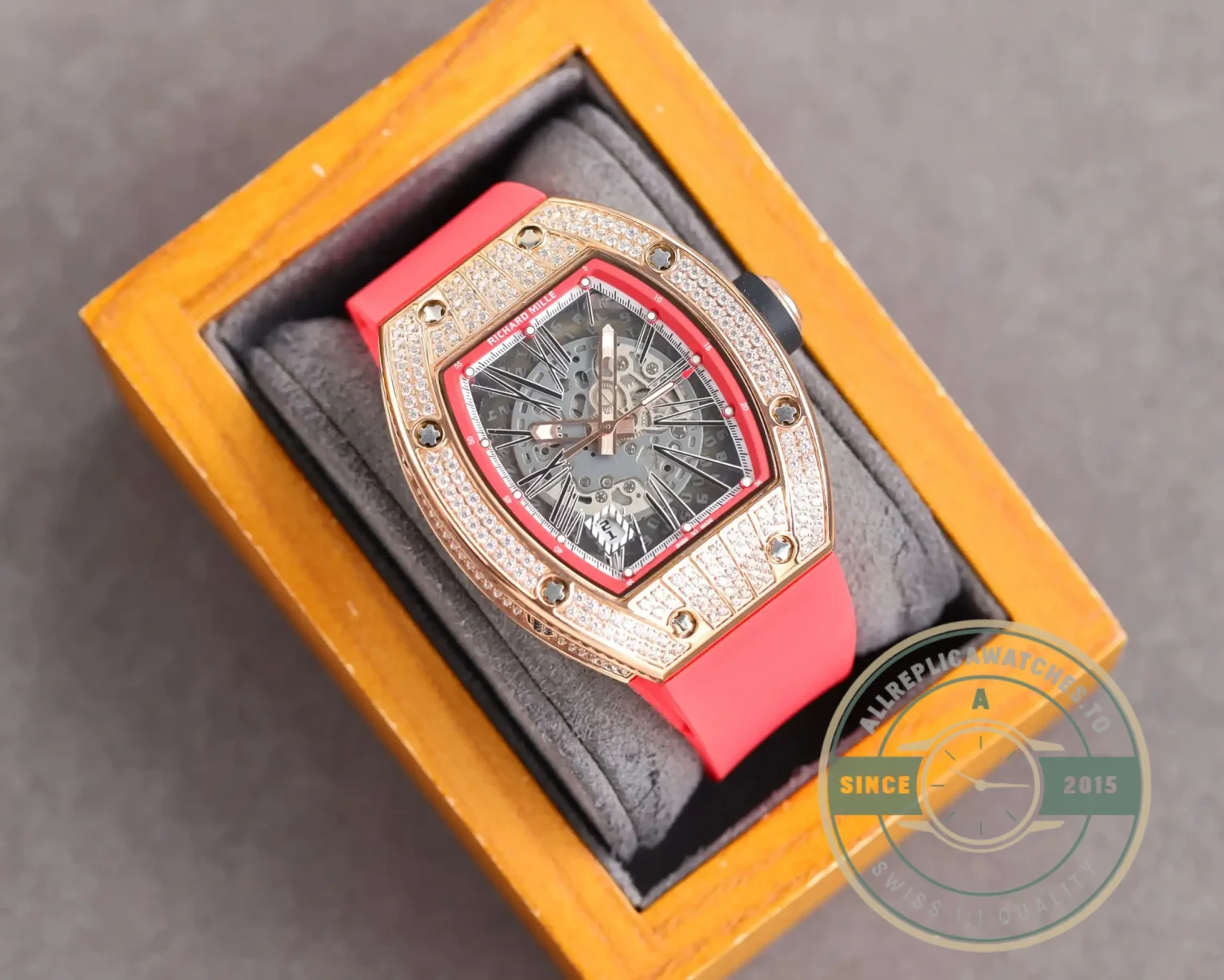 Superclone Richard Mille 010 Rose Gold Diamonds Pink Strap - Luxury Replica Watch