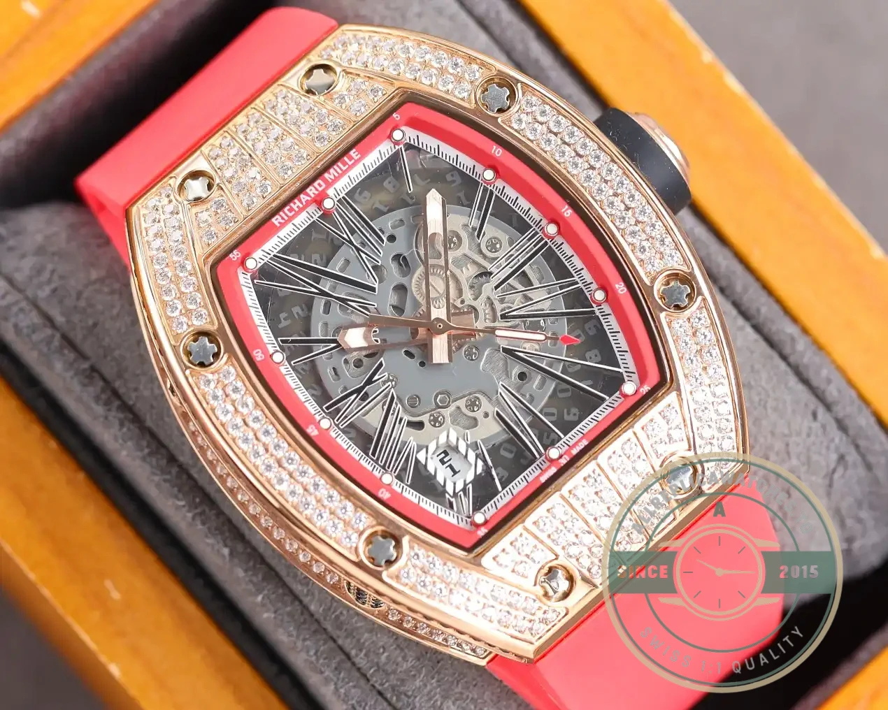 Superclone Richard Mille 010 Rose Gold Diamonds Pink Strap - 1:1 Swiss Replica Watch