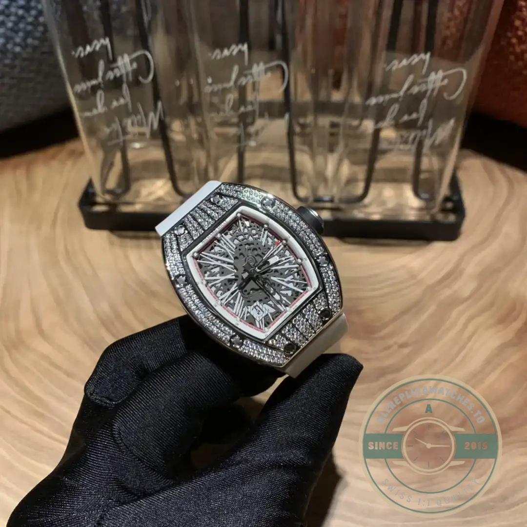 Superclone Richard Mille 010 Titanium Diamond Case White Strap - Luxury Replica Watch