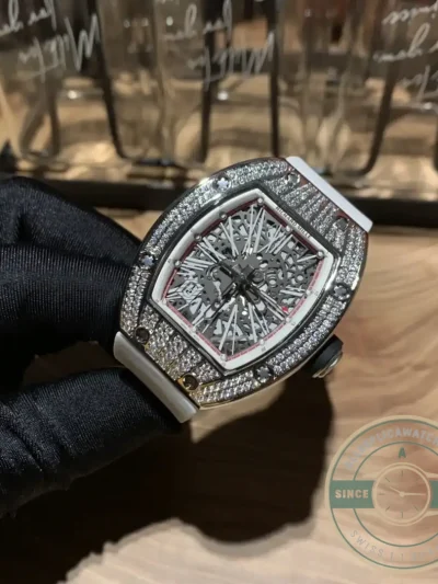 Superclone Richard Mille 010 Titanium Diamond Case White Strap - Swiss-Made Clone Watch