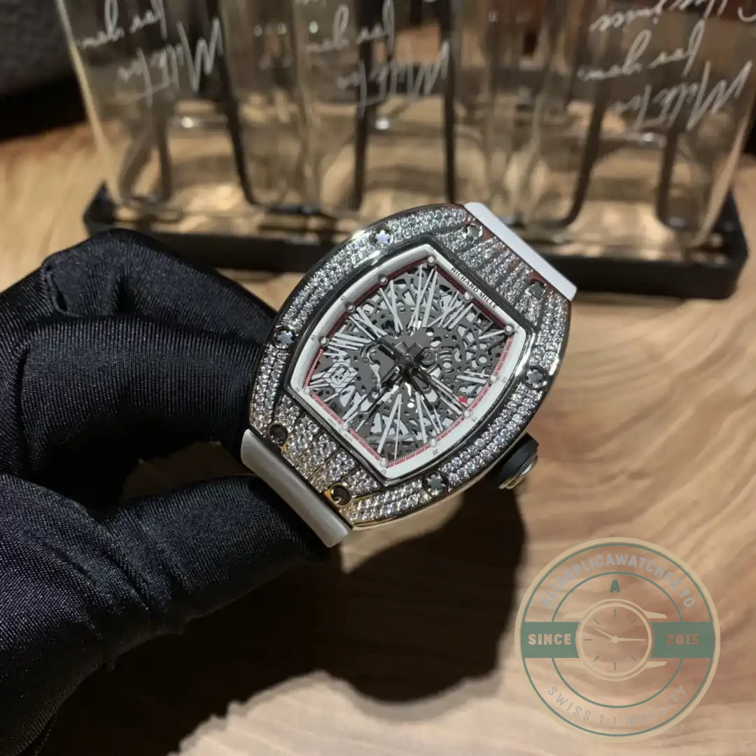 Superclone Richard Mille 010 Titanium Diamond Case White Strap - Swiss-Made Clone Watch