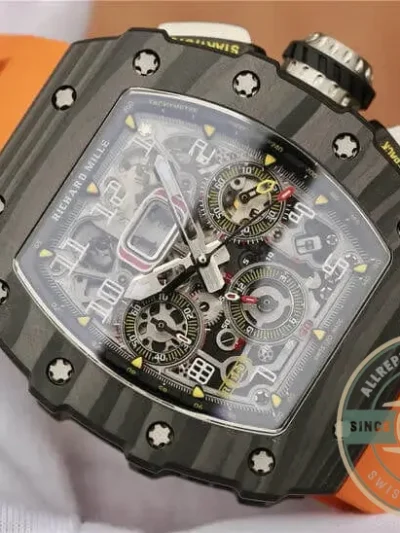 Superclone Richard Mille 011-03 Carbon Fiber Orange Strap - 1:1 Swiss Replica Watch