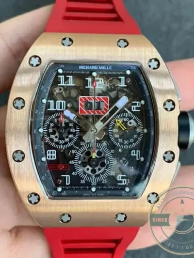 Superclone Richard Mille 011 Rose Gold Red Strap - Swiss Movement Replica Watch