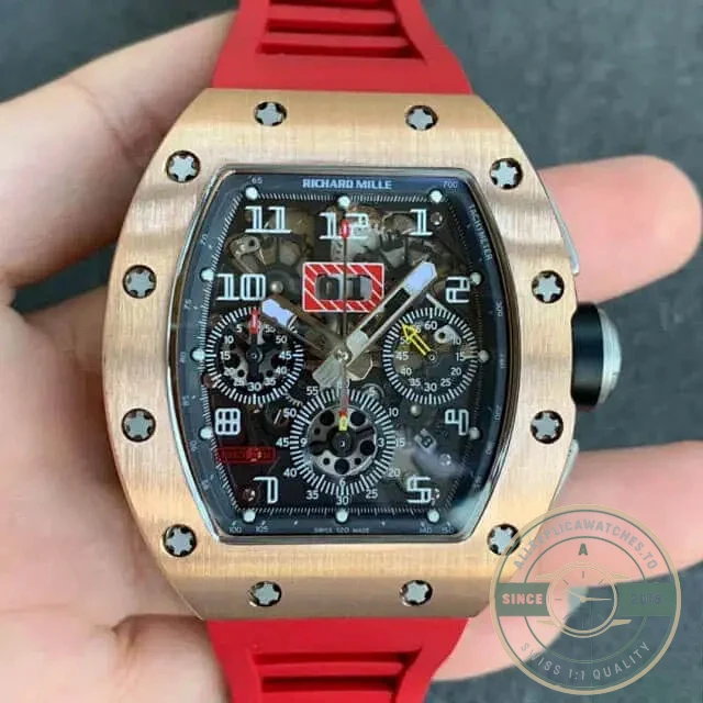 Superclone Richard Mille 011 Rose Gold Red Strap - Swiss Movement Replica Watch