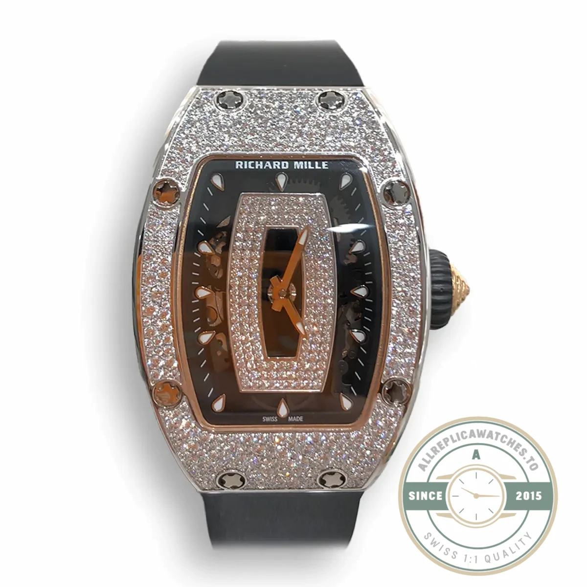 Superclone Richard Mille 07-01 Black Lip White Gold Snow Diamond Set - High-Grade Replica Watch